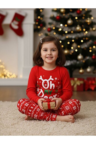 vitmo Girls / Boys Children's New Year's Deer Pattern Long Sleeve 100% Cotton Pajama Set