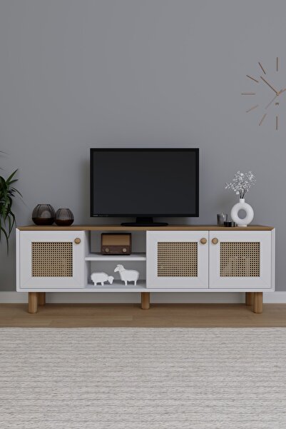 midoser Bohem Serisi Garden Meşe - Beyaz Pvc Hasır Desen Tv Ünitesi