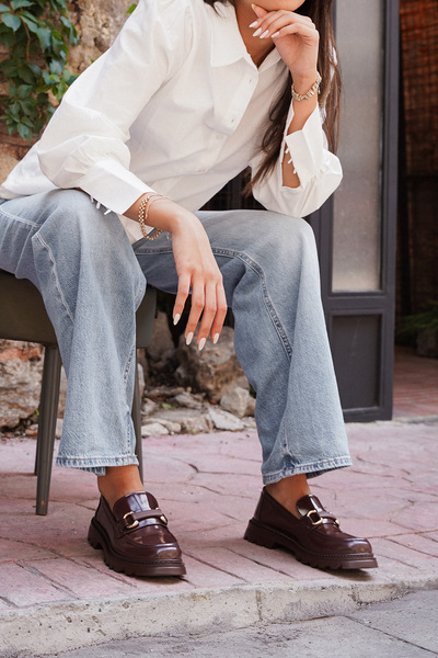 Marjin Kadın Loafer Yüksek Taban Tokalı Günlük Ayakkabı Kinles Kahve