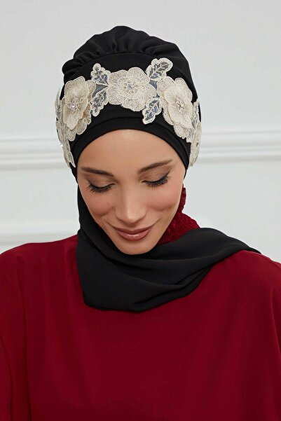 Aisha's Design Chiffon Ready-To-Wear Turban with Floral Crown Accessory, Ht-103, Ht-103, Black-Gold