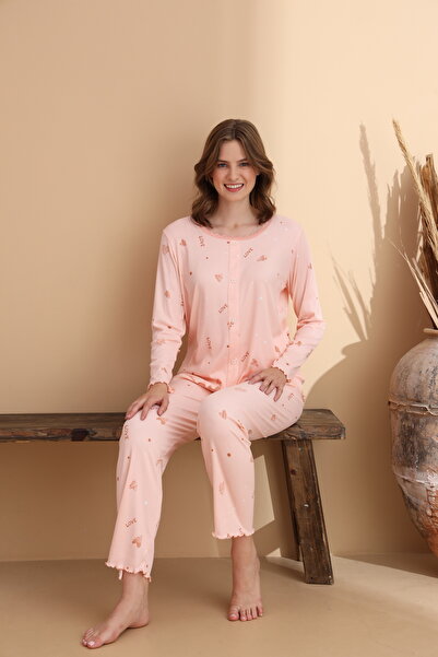ELİTOL Kalp Love Desen Cares Örme Likralı Uzun Kol Kadın Pijama Takımı