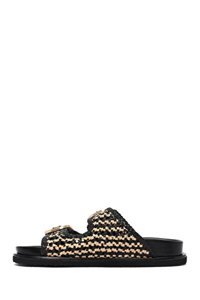 Derimod Women's Black Double Buckle Straw Leather Slippers 25Sfd5506M7