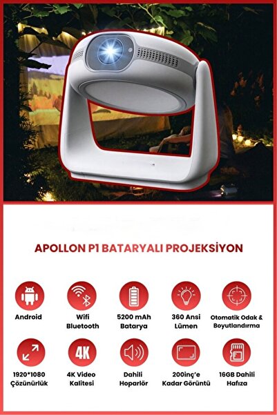 BUFS Apollon P1 Bataryalı Projeksiyon Cihazı Taşınabilir 4K Destekli 1080P Android Sistemli Projektör