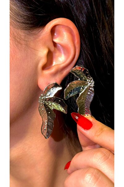 İlraysa PALMİYE YAPRAKLARI GÜMÜŞ RENK KÜPE | RENK ATMAZ GARANTİLİ KÜPE