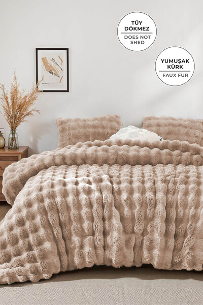 Evlen Home Collection Kürk Yatak Örtüsü Çift Kişilik Dolgulu Peluş Yumuşak Çift Taraflı Yorgan 3 Parça Lory Kahve