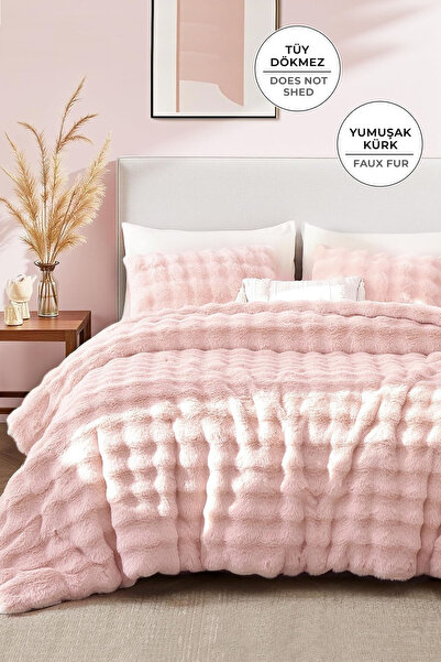 Evlen Home Collection Kürk Yatak Örtüsü Çift Kişilik Dolgulu Peluş Yumuşak Çift Taraflı Yorgan 3 Parça Lory Pudra