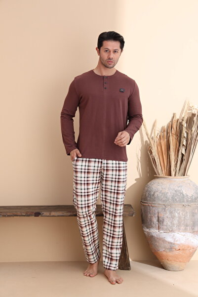 ELİTOL Kahve Ekose Desen Düğmeli Uzun Kol Erkek Pijama Takımı