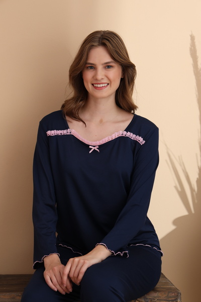 ELİTOL Синій Milan Soft трикотажний довгий рукав жіночий мереживний піжамний комплект