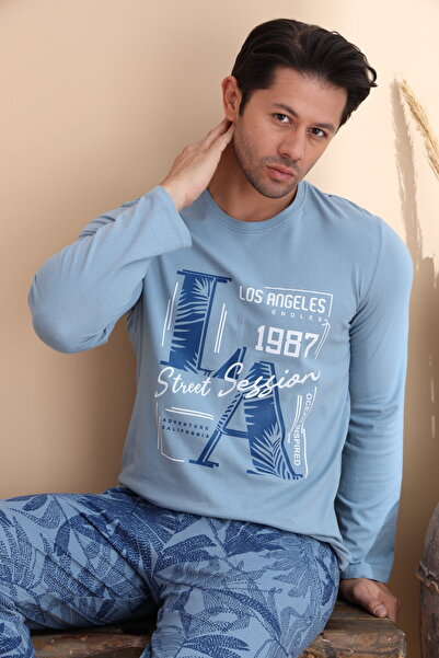 ELİTOL Σετ ανδρικές πιτζάμες με μακρυμάνικο μοτίβο μπλε φύλλου