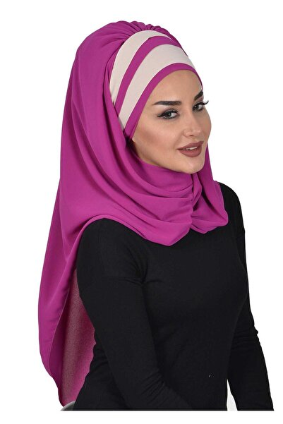Ayşe Tasarım Practical Chiffon Shawl with Colorful Stripe Detail,Cps-83,Cps-83,Fuchsia - Beige