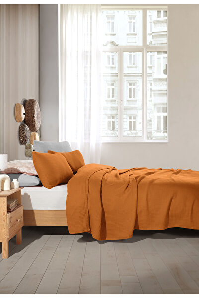 destinyhometex Karamel Tek Kişilik 160x240cm Yatak Örtüsü/1 Adet 50x70cm Yastık 4 Katlı Multi Muslin %100 Pamuk