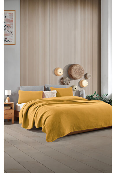 destinyhometex Hardal Xl Tek Kişilik Saçaksız 180 X 240cm Pike/Yatak Örtüsü/1 Adet 50x70cm Yastık 4 Kat %100 Pamuk