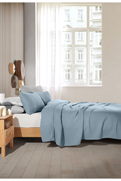 destinyhometex Blue Xl Single Fără franjuri 180 X 240cm Cuvertură de pat Pique/1 bucată 50x70cm Pernă 4 straturi 100% bumbac