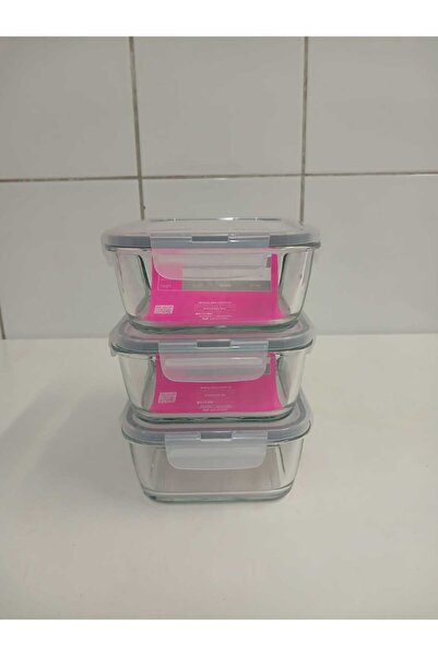 LAV Fresco Glass Lockable Two Compartment Rectangular Storage Container Set of 3 1700Cc Gray Lid Frs-299