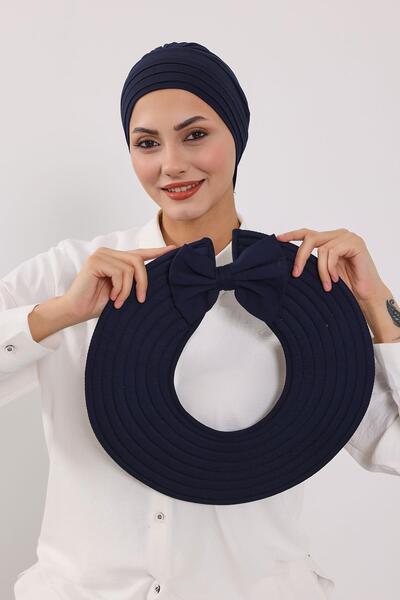 Aisha's Design Combed Cotton Bonnet Turban with Detachable Bow on the Back, S-4, Navy Blue