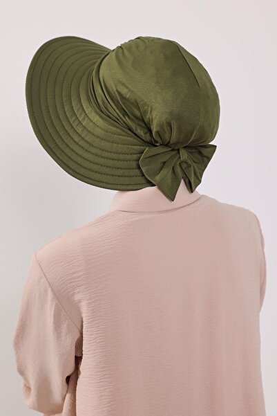 Aisha's Design Combed Cotton Bonnet Turban with Detachable Bow on the Back, S-4, Khaki
