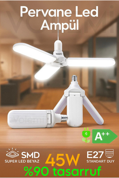 VOLEMİ Ultra Güçlü 3 Kollu 40-45w Ampul 5.000 Lümen Led Aydınlatma Beyaz Işık Led Ampul