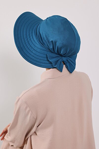 Aisha's Design Combed Cotton Bonnet Turban with Detachable Bow on the Back, S-4, Petrol