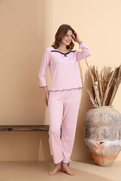 ELİTOL Pink Milan Soft Knitted Lycra Long Sleeve Women's Lace Pajama Set
