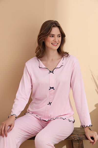 ELİTOL Set de pijamale pentru femei cu mâneci lungi din Lycra tricotată moale Pink Milan