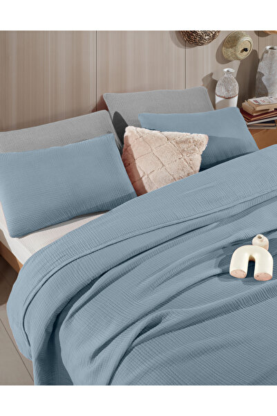 destinyhometex Blue Xl Single Fără franjuri 180 X 240cm Cuvertură de pat Pique/1 bucată 50x70cm Pernă 4 straturi 100% bumbac