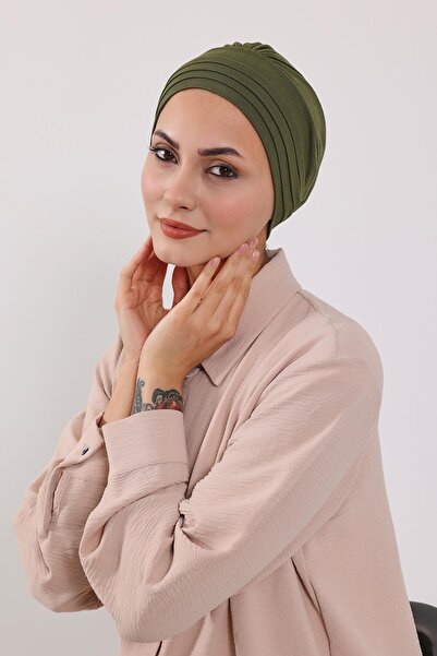 Aisha's Design Combed Cotton Bonnet Turban with Detachable Bow on the Back, S-4, Khaki
