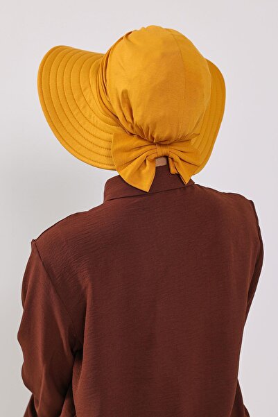 Aisha's Design Combed Cotton Bonnet Turban with Detachable Bow on the Back, S-4, Mustard