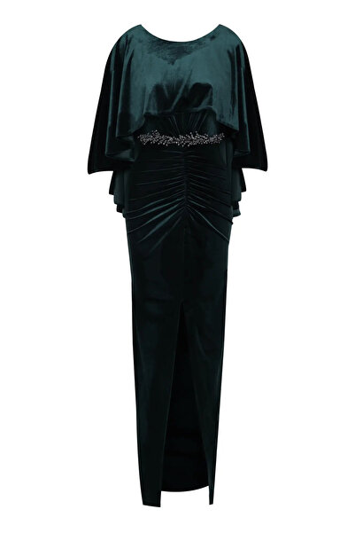 Keikei Yeşil kadife kısa kol uzun elbise