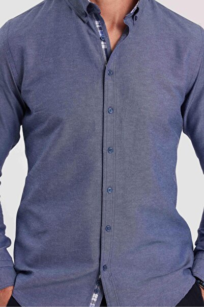 Tudors Erkek Slim Fit Dar Kesim Uzun Kollu Pamuklu Oxford Doku Lacivert Düğmeli Yaka Gömlek
