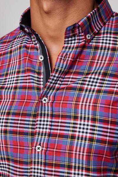 Tudors Erkek Slim Fit Dar Kesim Uzun Kollu Pamuklu Kolay Ütü Kareli Düğmeli Yaka Gömlek