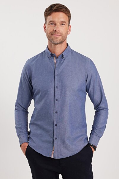 Tudors Erkek Slim Fit Dar Kesim Uzun Kollu Pamuklu Oxford Doku Lacivert Düğmeli Yaka Gömlek