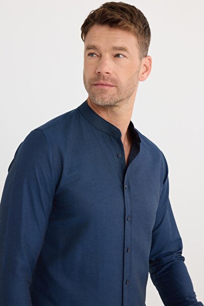 Tudors Erkek Slim Fit Dar Kesim Pamuklu Kolay Ütü Lacivert Hakim Yaka Gömlek