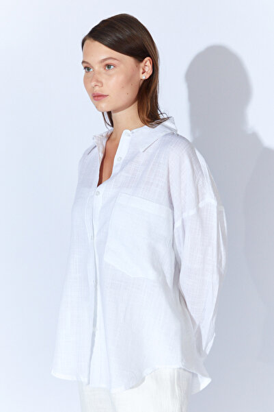 EDITION WOMAN Cămașă de damă din in viscoză albă, lavabilă, cu textura moale