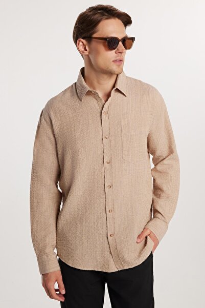 Tudors Ανδρικό πουκάμισο Relax Fit Relaxed Cut Βαμβακερό λινό υφή Μπεζ πουκάμ...