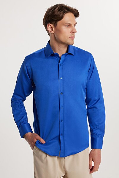 Tudors Erkek Modern Fit Dar Kesim Pamuklu Düz Saten Sax Mavi Gömlek