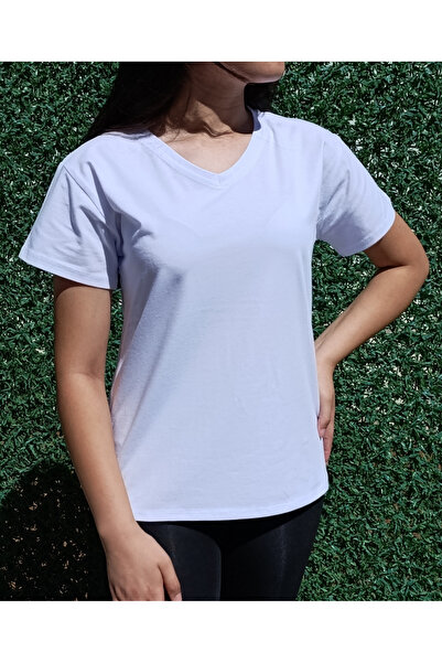 siyalife Tricou pentru femei cu decolteu în V basic alb tricou