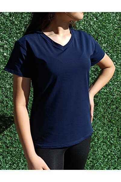 siyalife Tricou de bază pentru femei, cu decolteu în V, în albastru bleumarin