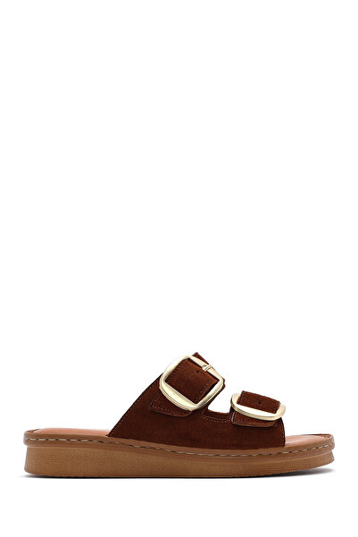 Derimod Women's Tan Buckle Suede Leather Comfort Slippers 25Sfd 340110