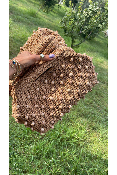 WOMANBAG HASIR EL YAPIMI AHŞAP BONCUKLU CLUTCH EL ÇANTASI