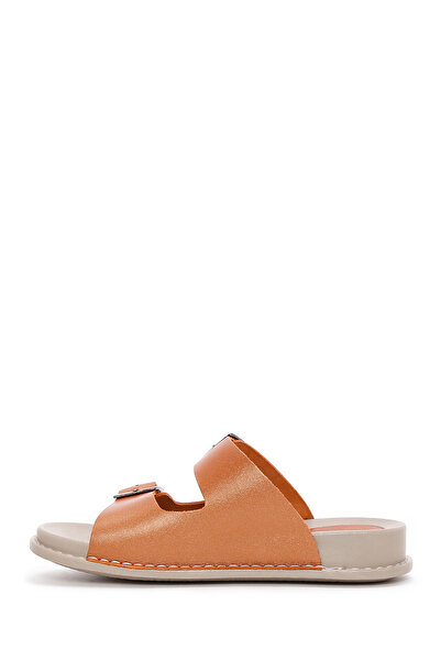 Derimod Women's Orange Double Buckle Leather Comfort Slippers 25Sfd 500032