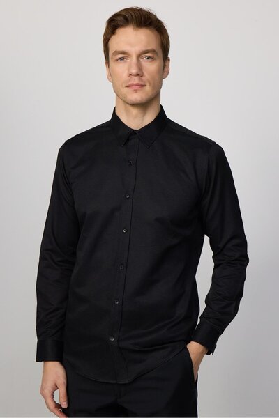 Tudors Modern Slim Fit Uzun Kollu Pamuklu Kolay Ütü Armürlü Erkek Siyah Gömlek