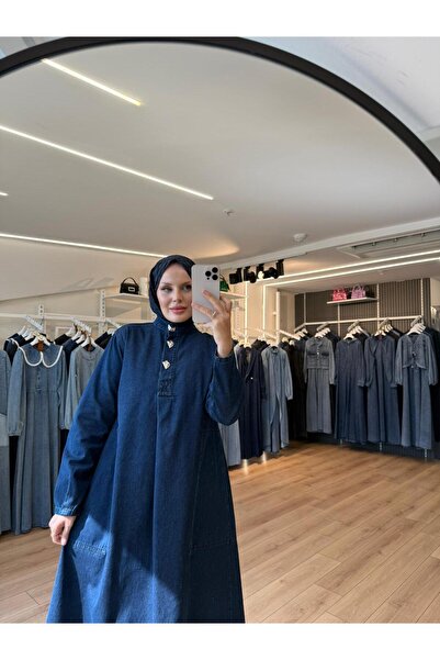 OlaLady Kadın 3 Düğmeli Arkası A Pile Büyük Cepli Tesettür Denim Kot Elbise