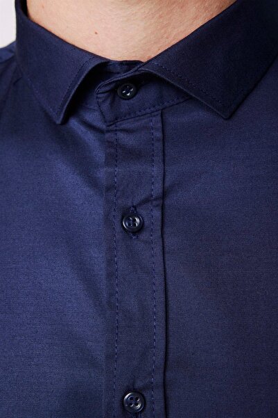 Tudors Slim Fit Uzun Kollu Likralı Düz Pamuk Saten Erkek Lacivert Gömlek