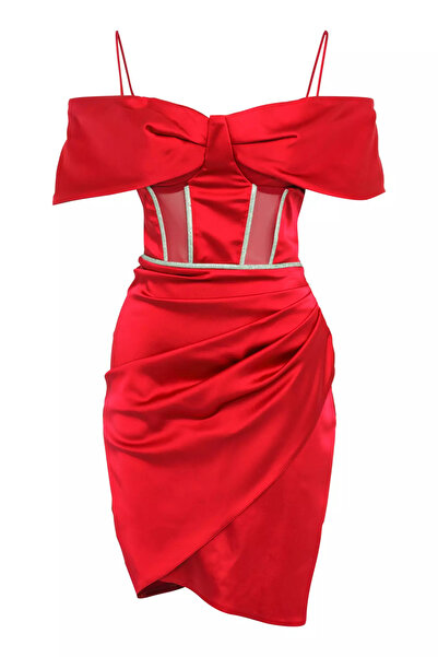 Keikei Kırmızı saten kolsuz kısa elbise