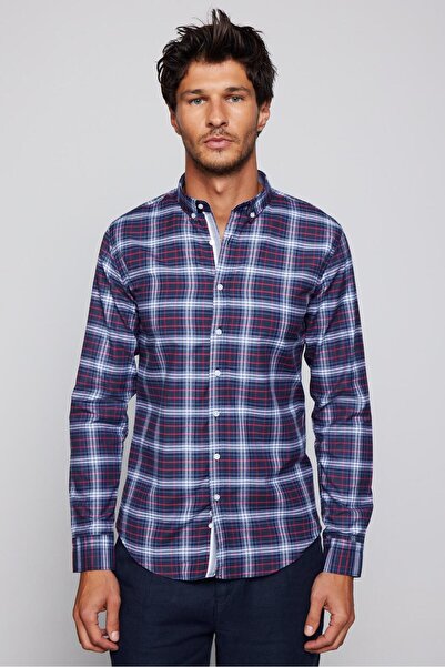 Tudors Erkek Slim Fit Dar Kesim Uzun Kollu Pamuklu Kolay Ütü Kareli Düğmeli Yaka Gömlek