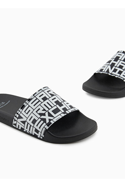 Armani Exchange Erkek Üst Yüzeyi Logo Desenli Rahat Taban Siyah-Beyaz Sandalet XUP004 XV679-N814
