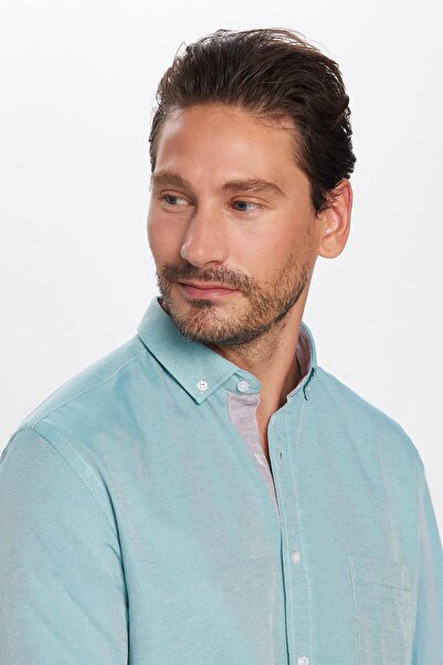 Tudors Klasik Fit Uzun Kollu Düğmeli Yaka Pamuklu Kolay Ütü Oxford Düz Erkek Gömlek