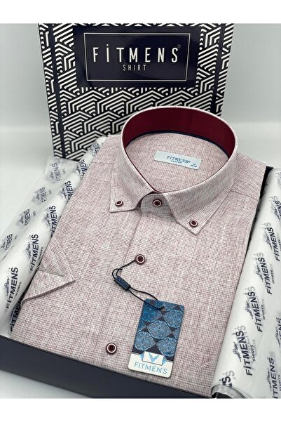 Fitmens Classic Short Sleeve Linen Collar Buttoned Men's Shirt with Gift Box Fs-003626 - Burgundy