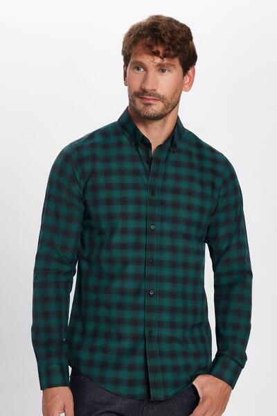 Tudors Erkek Slim Fit Dar Kesim Uzun Kollu Pamuklu Kolay Ütü Kareli Düğmeli Yaka Gömlek