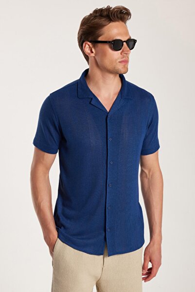 Tudors Men's Slim Fit Knitted Fabric Apache Collar Casual Short Sleeve Navy B...